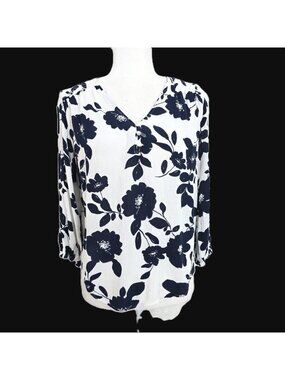 Liz Claiborne White Black Navy Floral Gauzy Rayon Floral V NEck Top Women XS